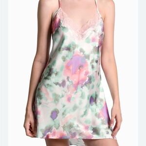 In Bloom Watercolor Floral Lace-Trim Chemise in Pink & Green